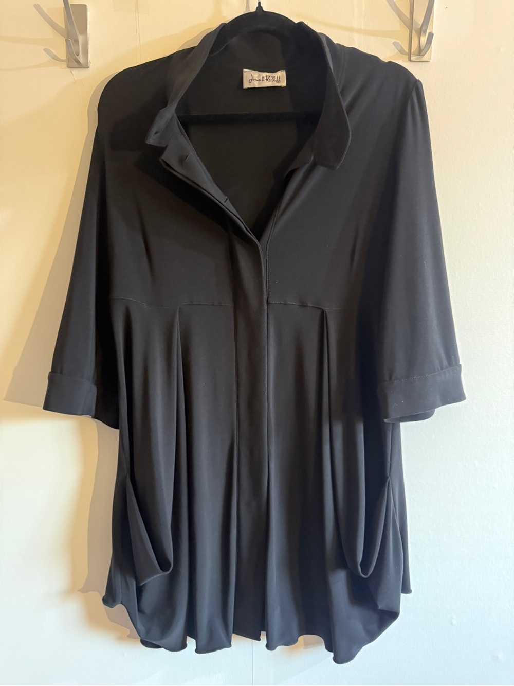 Joseph Ribkoff Black Tunic Blouse Pleated Swing Top 3/4 Sleeve M L Size 8 10